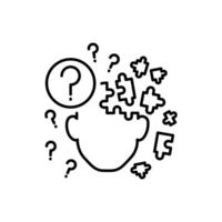 Demenz. ein Kopf Illustration mit groß Frage Kennzeichen und Verbreitung Puzzle um seine Kopf zu vertreten Demenz oder Amnesie Ausgabe. vektor