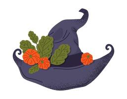 Halloween Hexe Hut. Karikatur Magier spitz Hut dekoriert mit Kürbisse, unheimlich Zauberer Hut eben Illustration. Trick oder behandeln Oktober Party Magie Kostüm Element vektor