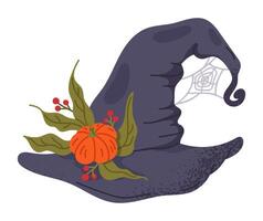 häxa spetsig hatt. halloween oktober fest trollkarl kostym element, läskigt trollkarl pumpa dekorerad hatt platt illustration. söt trollkarl hatt på vit vektor