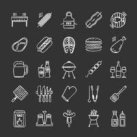 Grillkreide-Icons gesetzt. Grill. Grills, Speisen, Getränke, Küchenutensilien. isolierte tafel Vektorgrafiken vektor