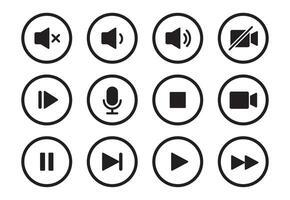 Audio, , Musik- Spieler Taste Symbol. Klang Kontrolle, spielen, Pause Taste solide Symbol Satz. Kamera, Medien Kontrolle, Mikrofon Schnittstelle Piktogramm. vektor