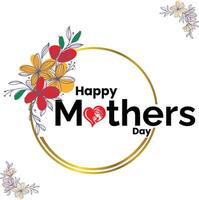 Lycklig mödrar dag hälsningar design med gyllene ram, färgrik blomma och röd hjärta form vektor