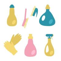 Reinigung Produkte Clip Art Sammlung. Hauswirtschaft Zubehör im eben Stil. Hand gezeichnet Illustration isoliert auf Weiß Hintergrund. vektor