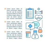 medicin artikel sida vektor mall. Sjukvård. sjukvård. läkartid. sjukhus. broschyr, tidning, design av häften. linjära ikoner och textrutor. konceptillustrationer med textutrymme
