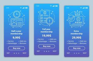 medlemspriser onboarding mobilapp skärmar vektor mallar. tariffplaner steg. genomgång av webbsidors gränssnitt. webbsidalayout för betalning av smartphoneprenumeration