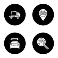 Autowerkstatt Glyphensymbole gesetzt. Abschleppwagen, GPS-Navigation, Reparaturservice, Autosuche. Vektorgrafiken von weißen Silhouetten in schwarzen Kreisen vektor