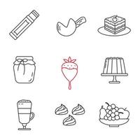 konfektyr linjära ikoner set. tuggummistick, lyckokaka, tiramisu, bärsylt, jordgubbar i choklad, pudding, kaffe, maränger, frukt. kontur symbol. isolerade vektor kontur illustration