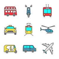 kollektivtrafik färgikoner set. transportmedel. dubbeldäckare buss, skoter, trolleybuss, taxi, spårvagn, helikopter, bilrickshaw, minivan, flygplan. isolerade vektorillustrationer vektor