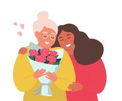min dotter ger blommor till ett äldre mor. kvinnor av annorlunda generationer kram, kärlek och vård tillsammans. vektor