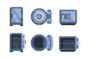 Bank Metall Gewölbe und Safes mit öffnen und geschlossen Türen. sicher Boxen. sichern Kasse Lager vektor