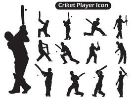 Kricket Spieler Silhouetten. Charakter Schatten. Schlagmann Schlagen anders Schuss im verschiedene Turnier und Ligen. Fledermäuse, Handschuhe, Stumpf, Kricket vektor