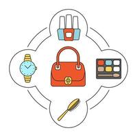 kvinnors handväska innehåll färgikoner set. väska, hårborste, ögonskuggor, nagellacksflaskor, armbandsur. isolerade vektorillustrationer vektor