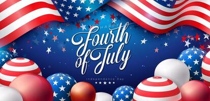 4:e av juli oberoende dag av de USA illustration med amerikan flagga mönster fest ballong och faller konfetti på mörk blå bakgrund. fjärde av juli nationell firande design med vektor