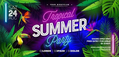 Sommer- Party Banner Design Vorlage mit glühend Neon- Licht auf fluoreszierend tropisch Blätter Hintergrund. Sommer- Feier Urlaub Illustration zum Banner, Flyer, Einladung oder Feier Poster. vektor