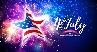 4:e av juli oberoende dag av de USA illustration med amerikan flagga i stjärna symbol och skinande fyrverkeri på natt himmel bakgrund. fjärde av juli nationell firande design med typografi vektor
