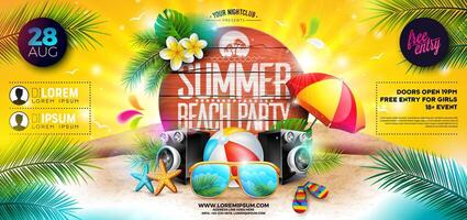 Sommer- Strand Party Banner Flyer Design mit Sonnenbrille und Strand Ball auf tropisch Insel mit Typografie Beschriftung auf Jahrgang Holz Tafel Hintergrund. Sommer- Urlaub Illustration mit exotisch Palme vektor