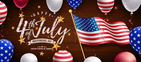 4:e av juli oberoende dag av de USA illustration med amerikan flagga mönster hjärta, guld stjärna och faller konfetti på blå bakgrund. fjärde av juli nationell firande design med vektor