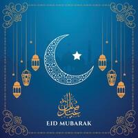 eid mubarak hälsning kort design med islamic lykta och halvmåne måne och eid social media posta , eid al fitr mubarak islamic bakgrund design mall för eid mubarak lyckönskningar hälsning kort vektor
