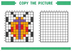 kopia de bild, komplett de rutnät bild. pedagogisk kalkylblad teckning med rutor, färg cell områden. barns förskola aktiviteter. tecknad serie, pixel konst. orange nyckelpiga illustration. vektor