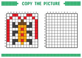 Kopieren das Bild, Komplett das Gitter Bild. lehrreich Arbeitsblätter Zeichnung mit Quadrate, Färbung Bereiche. Kinder- Vorschule Aktivitäten. Karikatur, Pixel Kunst. lange Antenne Käfer Illustration. vektor