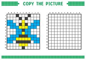 kopia de bild, komplett de rutnät bild. pedagogisk kalkylblad teckning med rutor, färg cell områden. barns förskola aktiviteter. tecknad serie, pixel konst. honung bi illustration. vektor