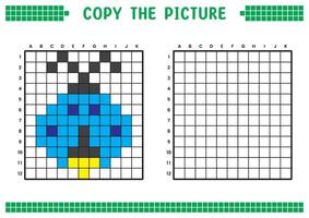 kopia de bild, komplett de rutnät bild. pedagogisk kalkylblad teckning med rutor, färg cell områden. barns förskola aktiviteter. tecknad serie, pixel konst. insekt eldfluga illustration. vektor