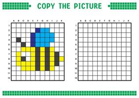 kopia de bild, komplett de rutnät bild. pedagogisk kalkylblad teckning med rutor, färg cell områden. barns förskola aktiviteter. tecknad serie, pixel konst. honung bi illustration. vektor