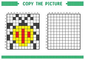 kopia de bild, komplett de rutnät bild. pedagogisk kalkylblad teckning med rutor, färg cell områden. barns förskola aktiviteter. tecknad serie, pixel konst. gul nyckelpiga illustration. vektor