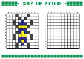 Kopieren das Bild, Komplett das Gitter Bild. lehrreich Arbeitsblätter Zeichnung mit Quadrate, Färbung Bereiche. Kinder- Vorschule Aktivitäten. Karikatur, Pixel Kunst. Gelb Blau Käfer Illustration. vektor