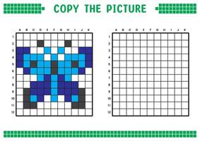 kopia de bild, komplett de rutnät bild. pedagogisk kalkylblad teckning med rutor, färg cell områden. barns förskola aktiviteter. tecknad serie, pixel konst. blå fjäril illustration. vektor