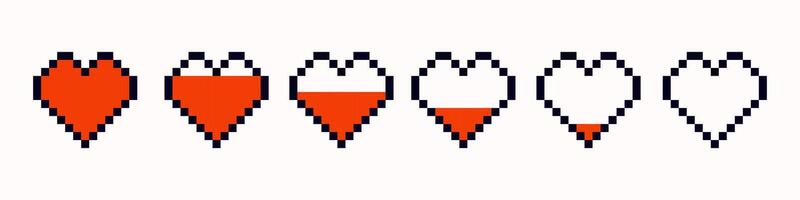 uppsättning av annorlunda röd hjärtan i pixel konst stil. pixel spel liv bar. hjärta gamer hälsa tecken. pixel ikon, illustration isolerat på vit bakgrund. 8-bitars retro stil symboler. gaming kontrollant vektor