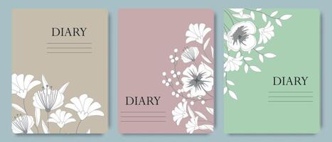 en uppsättning av dagbok omslag mallar med hand dragen blommig design. abstrakt retro botanisk bakgrund, för skola anteckningsböcker, planerare, broschyrer, böcker, kataloger, täcker. vektor