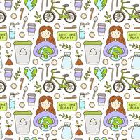 süß nahtlos Muster mit recyceln und wiederverwendbar Produkte - - Glas Wasser Flasche, Baumwolle Pads, Stahl Besteck. ein Mädchen halten das Erde, herzförmig Planet, Fahrrad. Null Abfall, gehen Grün, speichern das Planet. vektor