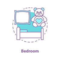 Symbol für das Schlafzimmer-Innenkonzept. Raumgestaltungsidee dünne Linie Abbildung. Schlafzimmermöbel und Zubehör. Bett, Kissen und Teddybär. Vektor isolierte Umrisszeichnung