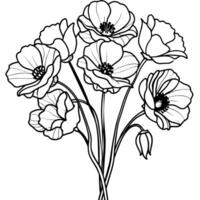 vallmo blomma översikt illustration färg bok sida design, vallmo blomma svart och vit linje konst teckning färg bok sidor för barn och vuxna vektor