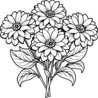 zinnia blomma översikt illustration färg bok sida design, zinnia blomma svart och vit linje konst teckning färg bok sidor för barn och vuxna vektor