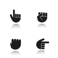handgester skugga svarta ikoner set. klämda och höjda nävar, händerna pekar åt höger och uppåt. isolerade vektorillustrationer vektor