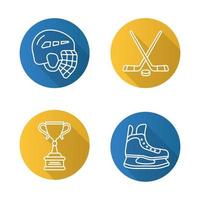 Hockey flache lineare lange Schattensymbole gesetzt. Helm, Schlittschuh, Stöcke, Siegerpreis. vektorlinie illustration vektor