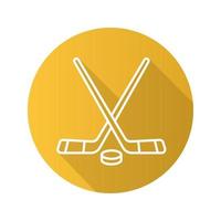hockeyklubbor och puckar. platt linjär lång skugga ikon. utrustning för hockeyspel. vektor linje symbol