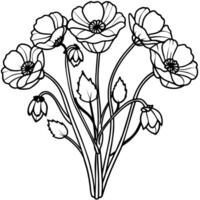 vallmo blomma översikt illustration färg bok sida design, vallmo blomma svart och vit linje konst teckning färg bok sidor för barn och vuxna vektor