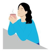 en flicka sitter på en tabell med en kopp i henne händer och andas in de arom av kaffe, isolera på vit, platt stil, kaffe ha sönder vektor