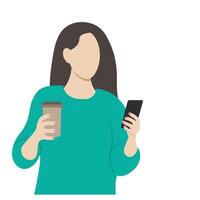 porträtt av en flicka med en papper kopp av kaffe i ett hand och en telefon i de Övrig, isolera på vit, ansiktslös illustration, platt stil, minimalism vektor