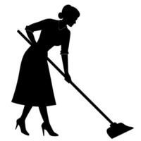 ein Reiniger Frau sorgfältig Reinigung das Zimmer eben Stil Silhouette vektor