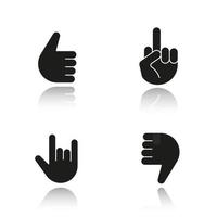 handgester skugga svarta ikoner set. tummen upp, ogillar, heavy metal, långfinger upp. isolerade vektorillustrationer vektor