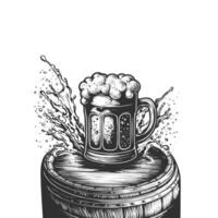 Becher von Bier mit Spritzen von Bier Schaum. Hand gezeichnet Illustration zum Design Speisekarte Restaurant, Kneipe, Bar, Poster zum das Festival, Oktoberfest, Brauerei, Banner. Gravur skizzieren vektor