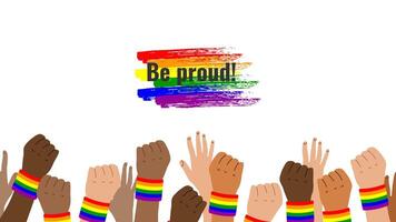 lgbtq baner med symboler fira stolthet månad. de händer av människors med annorlunda hud färger. regnbåge element. Gay stolthet parad. illustration. vektor