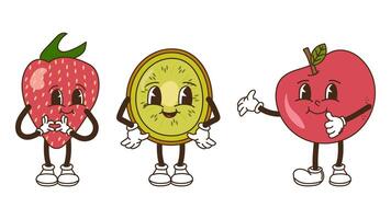 Früchte und Beeren im groovig Stil Satz. Erdbeere Kiwi und Apfel. Zeichen modisch retro, Comic Maskottchen. Design Banner Poster. y2k Hippie 70er, 80er. Illustration. vektor