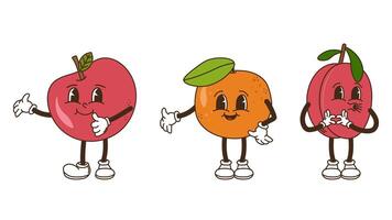Früchte und Beeren im groovig Stil Satz. Apfel Mandarine und Pflaume. Zeichen modisch retro, Comic Maskottchen. Design Banner Poster. y2k Hippie 70er, 80er. Illustration. vektor