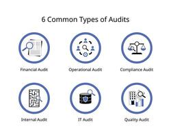 6 verbreitet Typen von Audits, finanziell Audits, betriebsbereit, Einhaltung, intern, es , Qualität Audits vektor