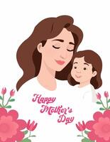 Mütter Tag Karte mit süß modisch Aquarell Abbildungen von Mama und Tochter, Strauß von Frühling Blumen, modern Typografie vektor